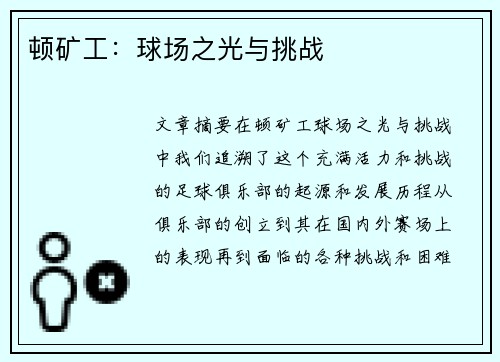 顿矿工：球场之光与挑战