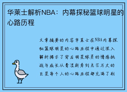 华莱士解析NBA：内幕探秘篮球明星的心路历程